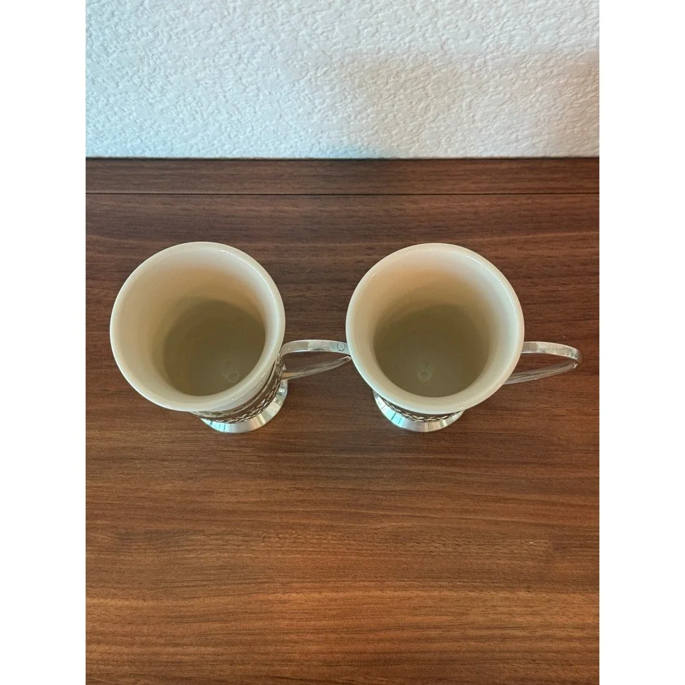 Vintage Gorham PAIR Silver Plated‎ Irish Coffee Mugs Porcelain Inserts 4.5